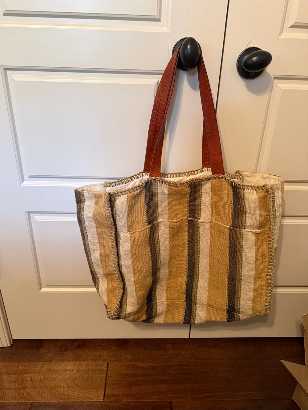Striped Canvas Tote Bag with Brown Leather Handles